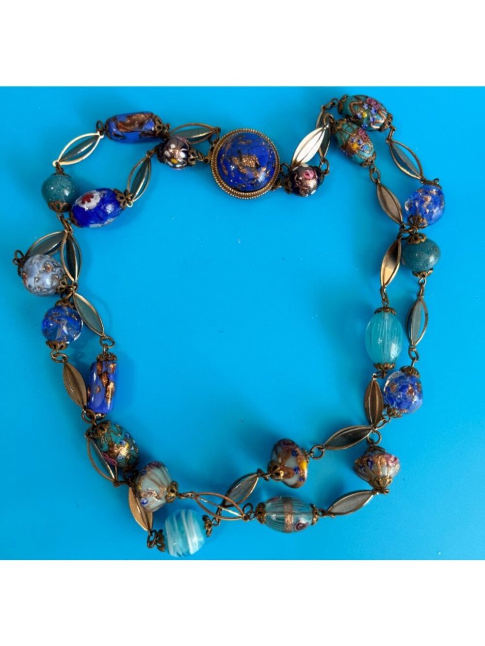 Vintage Venetian Murano Wedding Cake Glass Bead Necklace Blue Aventurine 17" - Picture 3 of 16